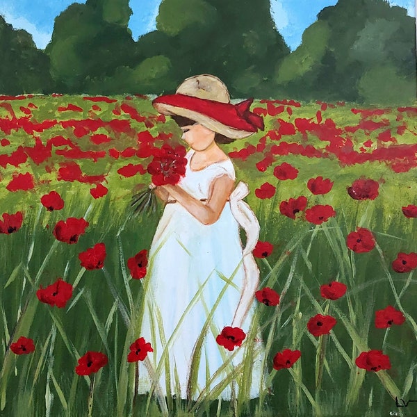 Tableau petite fille aux coquelicots