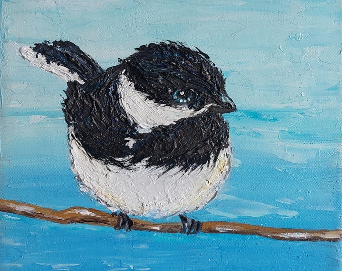 Painting small bird blue background