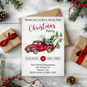 Christmas Party Invitations, Christmas Party Invites, Christmas Invitations, Red Truck Invitations,