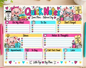 Pig Quick Notes, Pig Planner, Pig Notes Page, Pig Brain Dump, Busy Mom Planner, Daily Planner, Instant Download