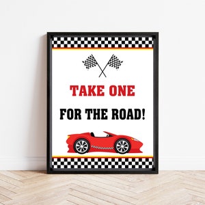 レースカーの記念サイン、レースカーのパーティーサイン、レースカーのパーティーデコレーション、赤いレースカー、Take One For The Road