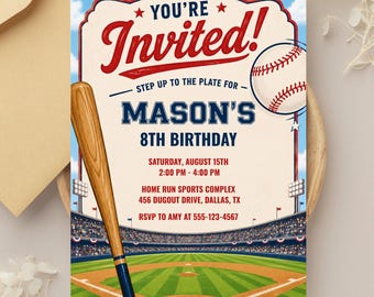 Baseball Invitation, Baseball Party Invite,  Sports Birthday Invitation, Baseball Stadium Party, Rookie Birthday Invite