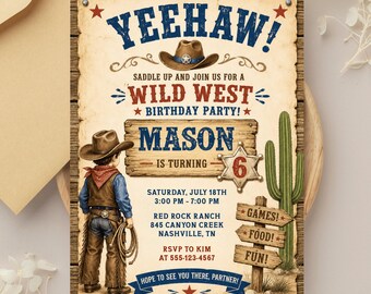 Cowboy Birthday Invitation, Western Rodeo Party, Wild West Party Invite, Rustic Western Invitation