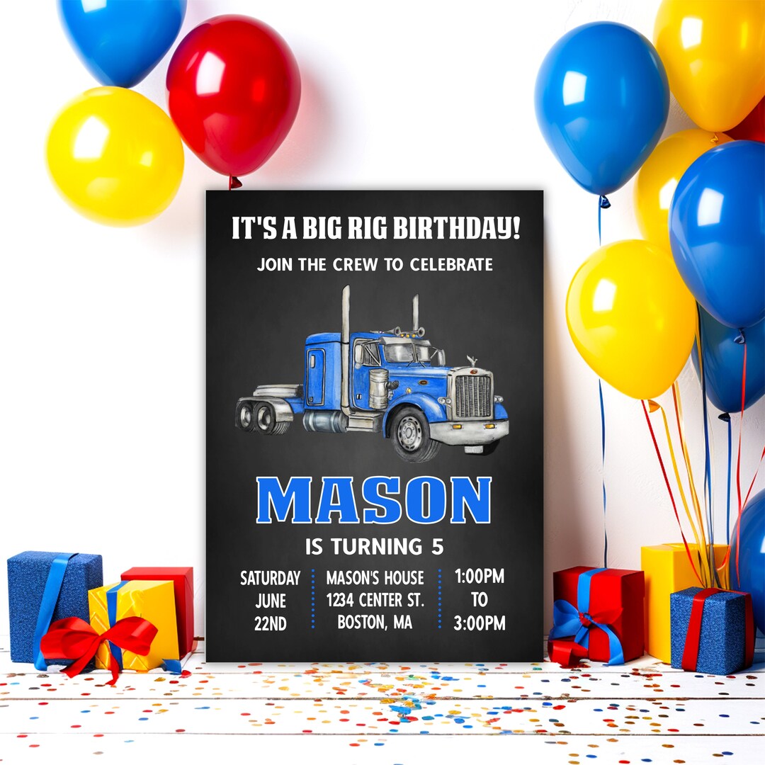 Big Rig Party Invitation, Semi Truck Invitation, Semi Truck Party, Semi ...