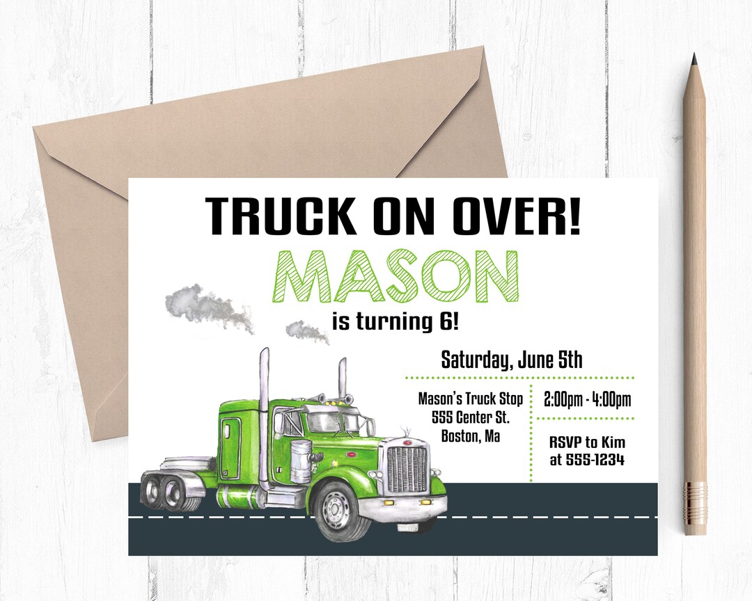 Semi Truck Invitation, Semi Truck Party, Semi Truck Birthday, Semi Truck Invites, Green Semi