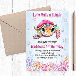 Turtle Invitation, Turtle Party Invitation, Turtle Birthday, Turtle Birthday Invitation, Under The Sea, Let's Make a Splash