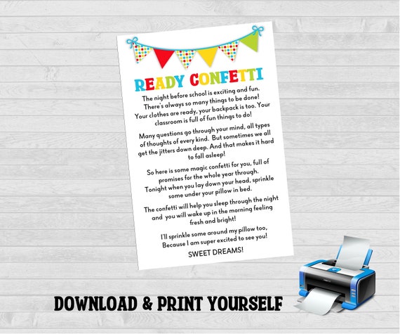 Back to School Ready Confetti, Printable Night Before First Day of School,  Digital Download, Back to School, 1st day of School Tradition