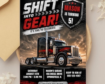 Semi Truck Birthday Invitation, Big Rig Birthday Invite, Truck Party Invitation, Black Semi