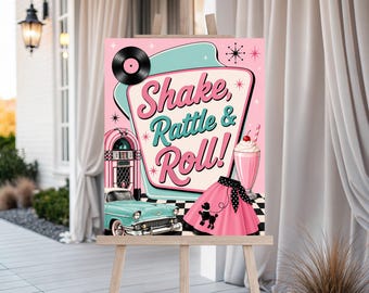 50s Party Poster, Sock Hop Sign, 50s Party Sign, Retro Party Poster,  Shake, Rattle & Roll Party Sign
