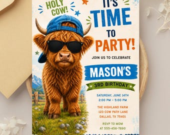 Highland Cow Invitation, Highland Cow Party Invite, Boy Highland Cow Invite, Boy Highland Cow Party