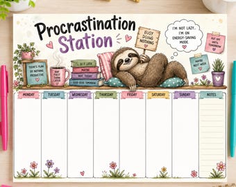 Procrastination Station Weekly Planner Printable, Funny Sloth Planner, Sarcastic Weekly Schedule, Cute Work Planner,  Instant Download