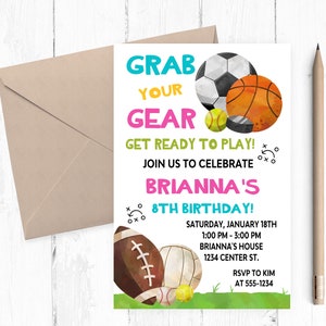 Sports Invitation, Sports Party,  Sports Birthday, Sports Invites, Girl Party