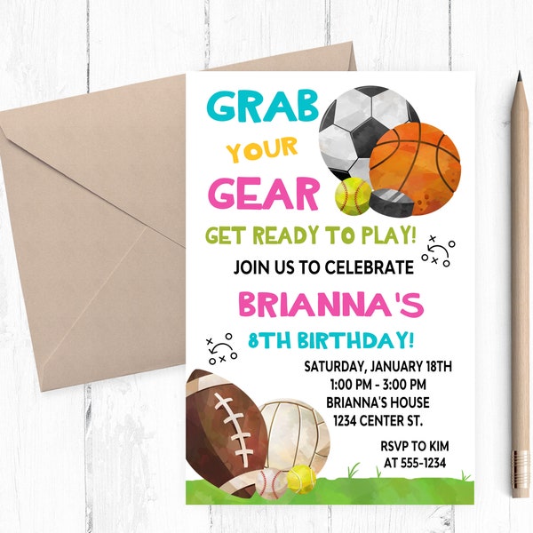 Sports Invitation, Sports Party,  Sports Birthday, Sports Invites, Girl Party