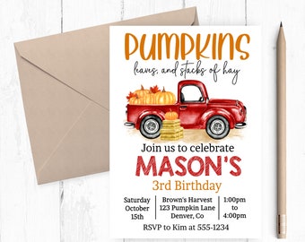 Pumpkin Truck Invitation, Pumpkin Birthday, Fall Pumpkin Invite, Truck Birthday Party, Pumpkin Patch, Red Truck