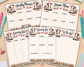 Highland Cow Planner Bundle, Funny Planner, Weekly Planner, Meal Planner, Grocery List, Cleaning List, To Do List, Instant Download