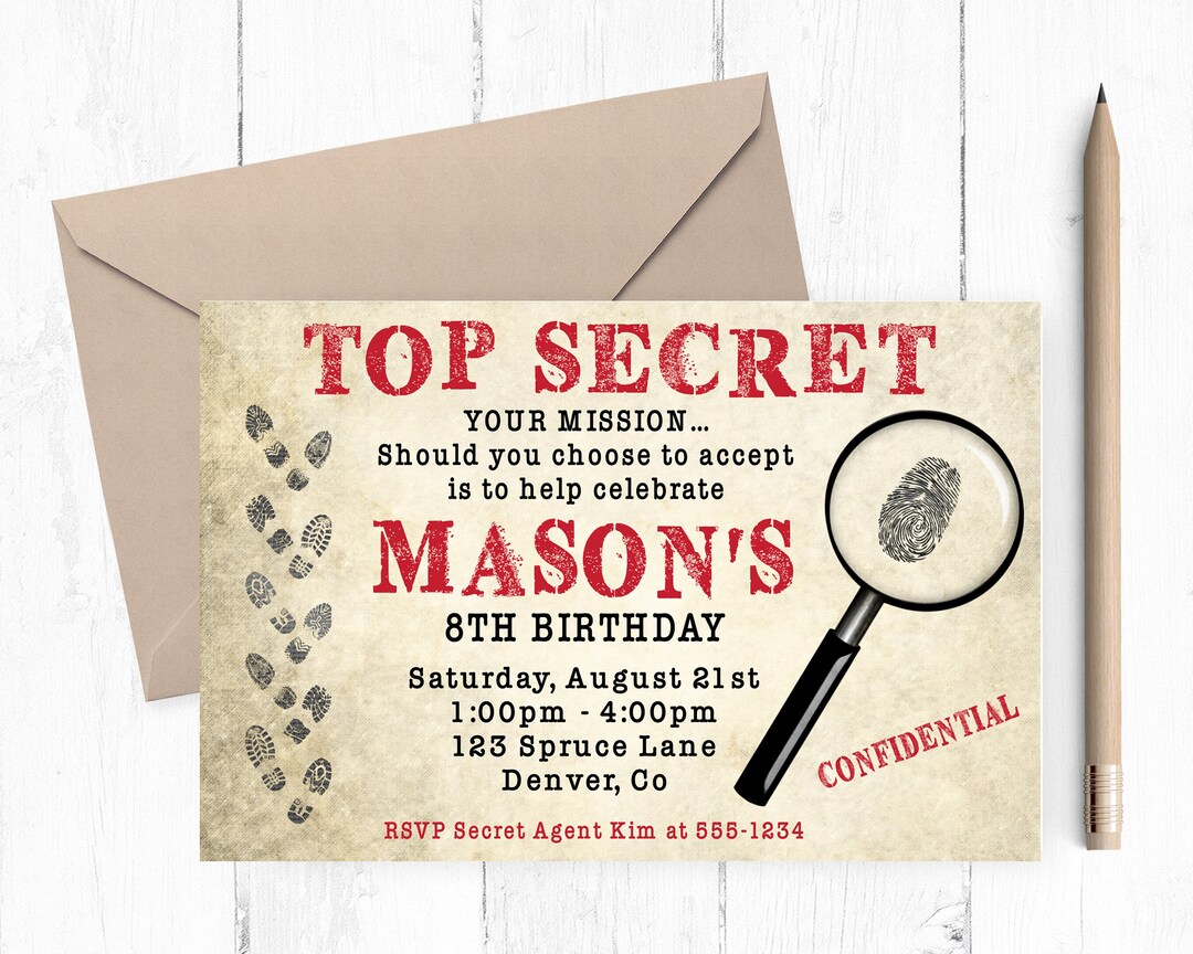 Spy Top Secret Invitation, Secret Agent Invitation, Detective Party, Detective Invitation, Top