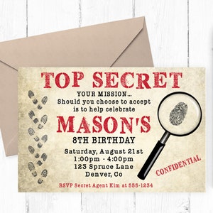 Spy Top Secret Invitation, Secret Agent Invitation, Detective Party, Detective Invitation, Top Secret Invitation