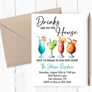 Les boissons sont offertes par la maison, Faire-part à un cocktail, Cocktail d'été, Soirée de pendaison de crémaillère, Apéritif, Cocktail