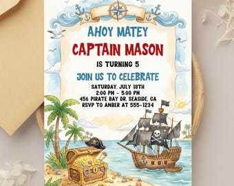 Pirate Birthday Invitation, Pirate Party Invite, Ahoy Matey Invitation, Pirate Invite