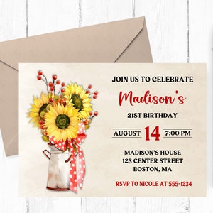 Sunflower Invitation, Birthday Invitation, Birthday Invite, Floral Watercolor