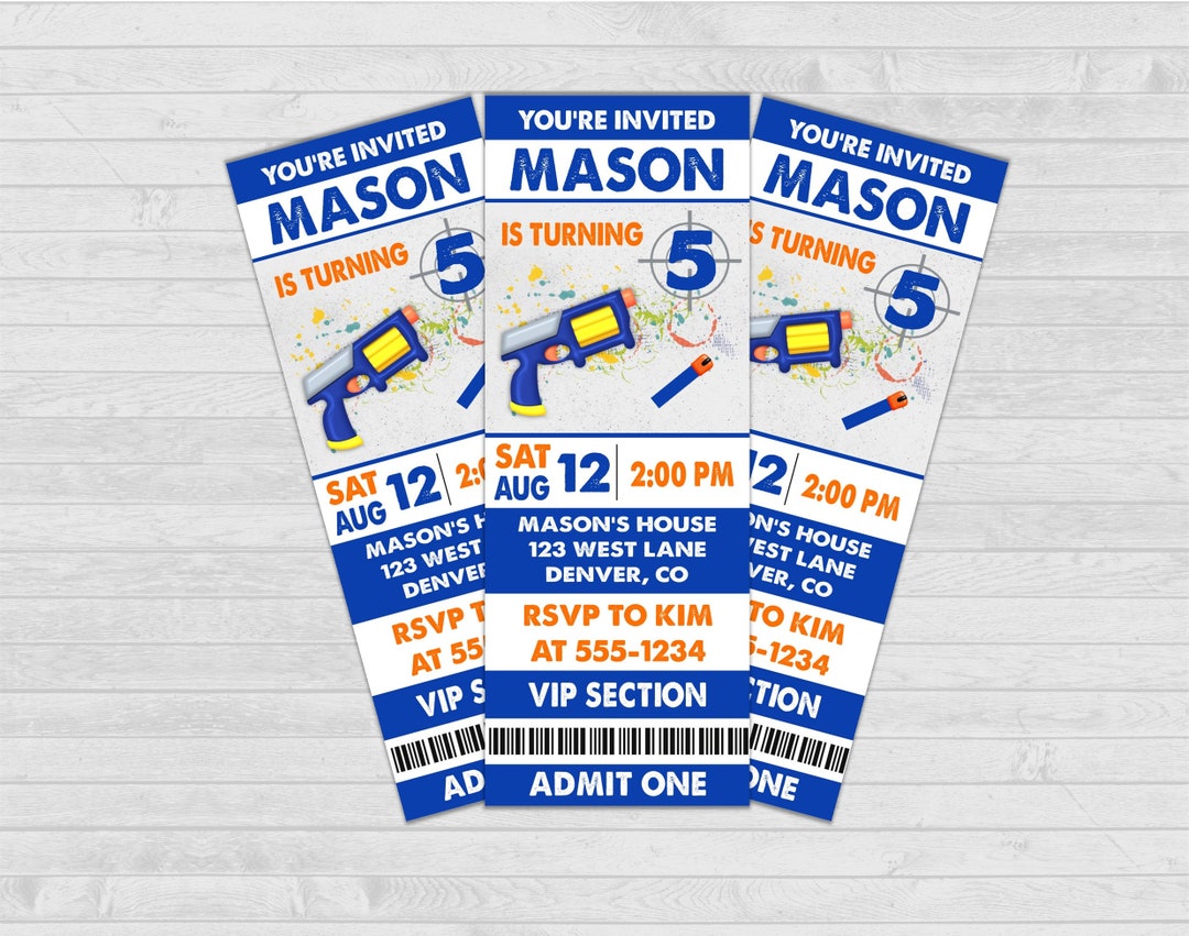 Dart Gun Ticket Invitation, Dart Gun Invitation, Dart Gun Party, Dart