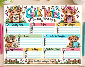Highland Cow Quick Notes, Highland Cow Planner, Cow Notes Page, Daily Planner,  Highland Cow Brain Dump, Instant Download