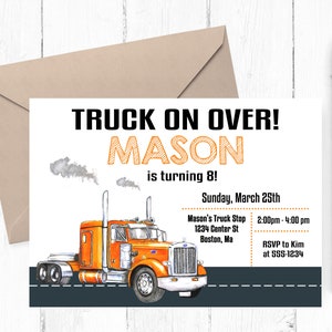 Semi Truck Invitation, Semi Truck Party, Semi Truck  Birthday, Semi Truck  Invites, Orange Semi Truck