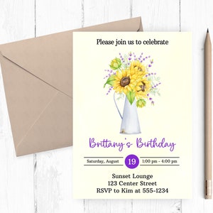 Sunflower Birthday Invitation: Yellow & Lavender Flowers