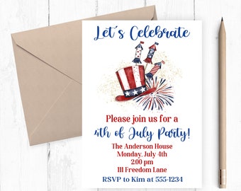 4th of July Party invitation, Independence Day Party Invite,  Red, White and Blue, July 4th Celebration Invites