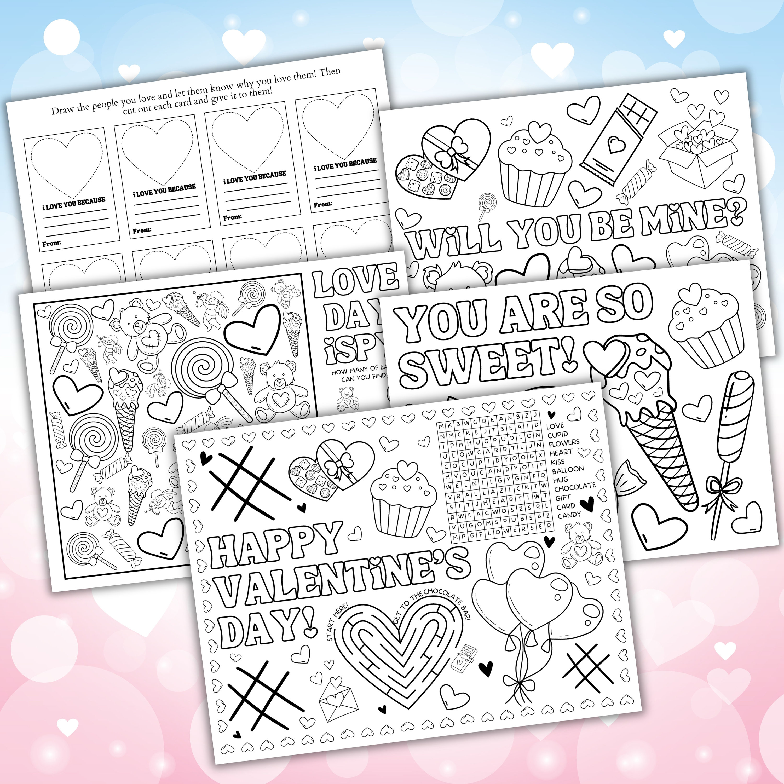 Tovaglietta di San Valentino stampabile, attività di San Valentino per bambini, decorazioni per feste di San Valentino, giochi per feste in classe, tovagliette da colorare - Italia