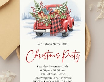 May include: A Christmas party invitation featuring a red vintage truck carrying gifts and Christmas trees in a snowy landscape. The invitation text reads "Join us for a Merry Little Christmas Party" with event details.