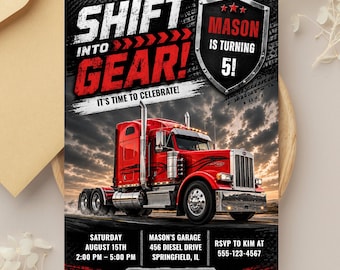 Semi Truck Birthday Invitation, Big Rig Birthday Invite, Truck Party Invitation