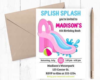 Water Slide Invitation, Water Slide Party, Water Slide Birthday, Water Park, Splish Splash Bash