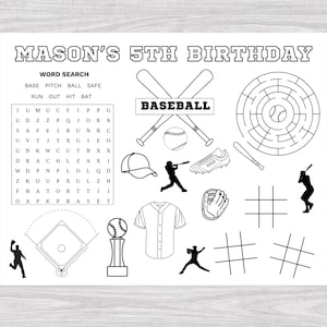 Página de actividades de béisbol, página para colorear de béisbol, fiesta de béisbol, cumpleaños de béisbol, mantel individual para colorear de béisbol