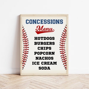 Baseball Concessions Menu Sign, Baseball Party Menu, Baseball Birthday, Baseball Party