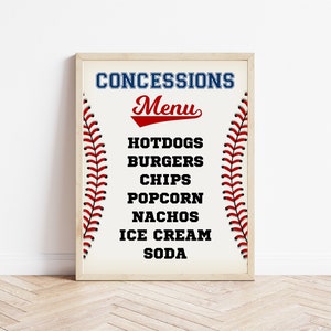 Baseball Concessions Menü-Schild, Baseball Party Menü, Baseball Geburtstag, Baseball Party