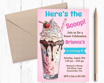 Ice Cream Birthday Invitation, Ice Cream Birthday Party, Ice Cream Birthday, Here's the Scoop, Milkshake