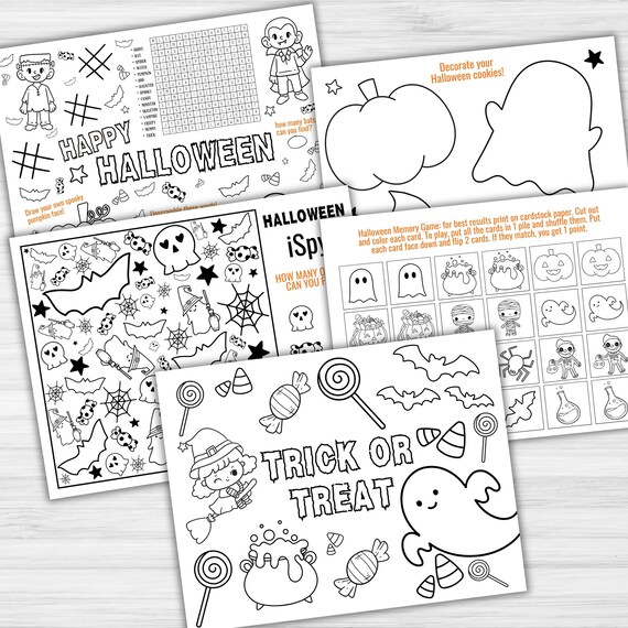 Halloween Coloring Placemats: Activity Pages, 5 Designs