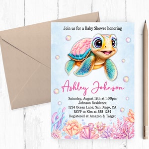Turtle Baby Shower Invitation: Girl Sea Theme