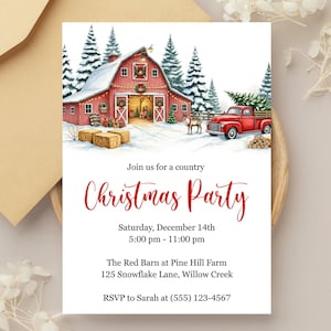 Country Christmas Party Invitations, Christmas Party Invites, Christmas Invitations, Red Truck Invitations