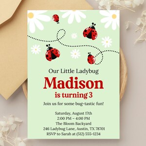 Ladybug Birthday Invitation, Ladybug Party, Ladybug Invite, Ladybug Party Invitation, Our Little Ladybug, Daisy Flower Invite, Green