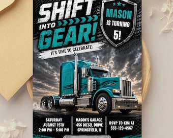 Semi Truck Birthday Invitation, Big Rig Birthday Invite, Truck Party Invitation, Teal Truck