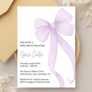 Purple Bow Baby Shower Invitation: Customizable Invite, Printable Design