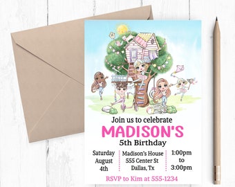 Girls Birthday Party Invitation,  Tree House Invitation, Backyard Party, Playground Party