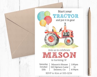 Tractor Birthday Invitation, Red Tractor Invitation, Tractor Birthday Invite, Farm Birthday Invitation, Tractor Party