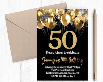 50th Birthday Invitation, Black and Gold Balloons, Adult Birthday Invitation, Glitter Balloon