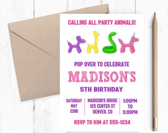 Balloon Animal Party Invitation, Balloon Animal Party, Balloon Animals,  Girl Party, Digital File , YOU Print