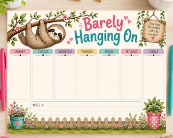 Funny Sloth Planner, Barely Hanging On Planner, Sloth Weekly Schedule, Cute Work Planner,  Instant Download