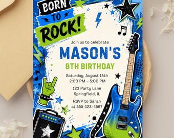 Rock Star Party Invite, Born to Rock Birthday Invitation, Guitar Birthday Party,  Music Party