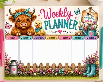 Cow and Duck Weekly Planner, Highland Cow Planner,  Cute Duck Planner, Busy Mom Planner, Instant Download